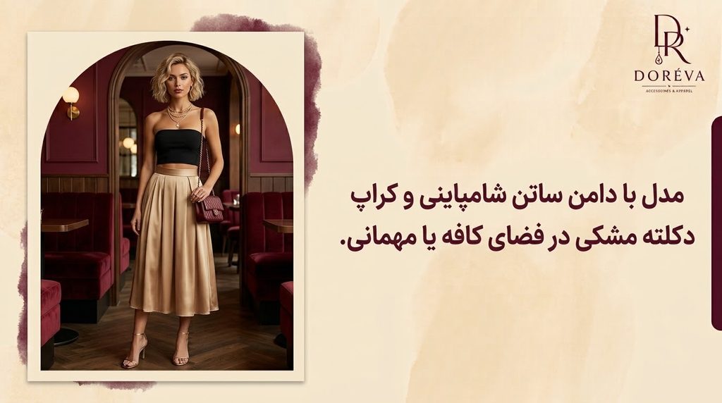 مدل با دامن ساتن شامپاینی و کراپ دکلته مشکی در فضای کافه یا مهمانی.
